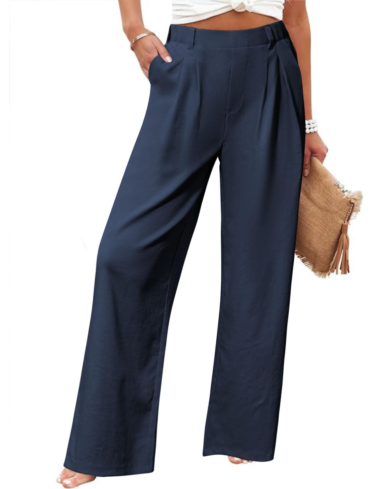 Friptspyg Palazzo Hose Freizeithose Damen Sommer Hohe Taille Palazzo Elastische Freizeithose mit Taschen