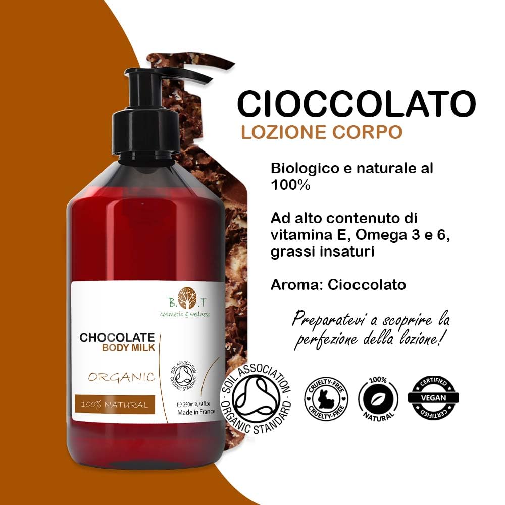 B.O.T Cosmetic & Wellness - Latte Corpo Organico Idratante e Protettivo | Aroma Cioccolato | Lunga Durata | Cura Pelle Rassodante | Uso Quotidiano, 250 ml