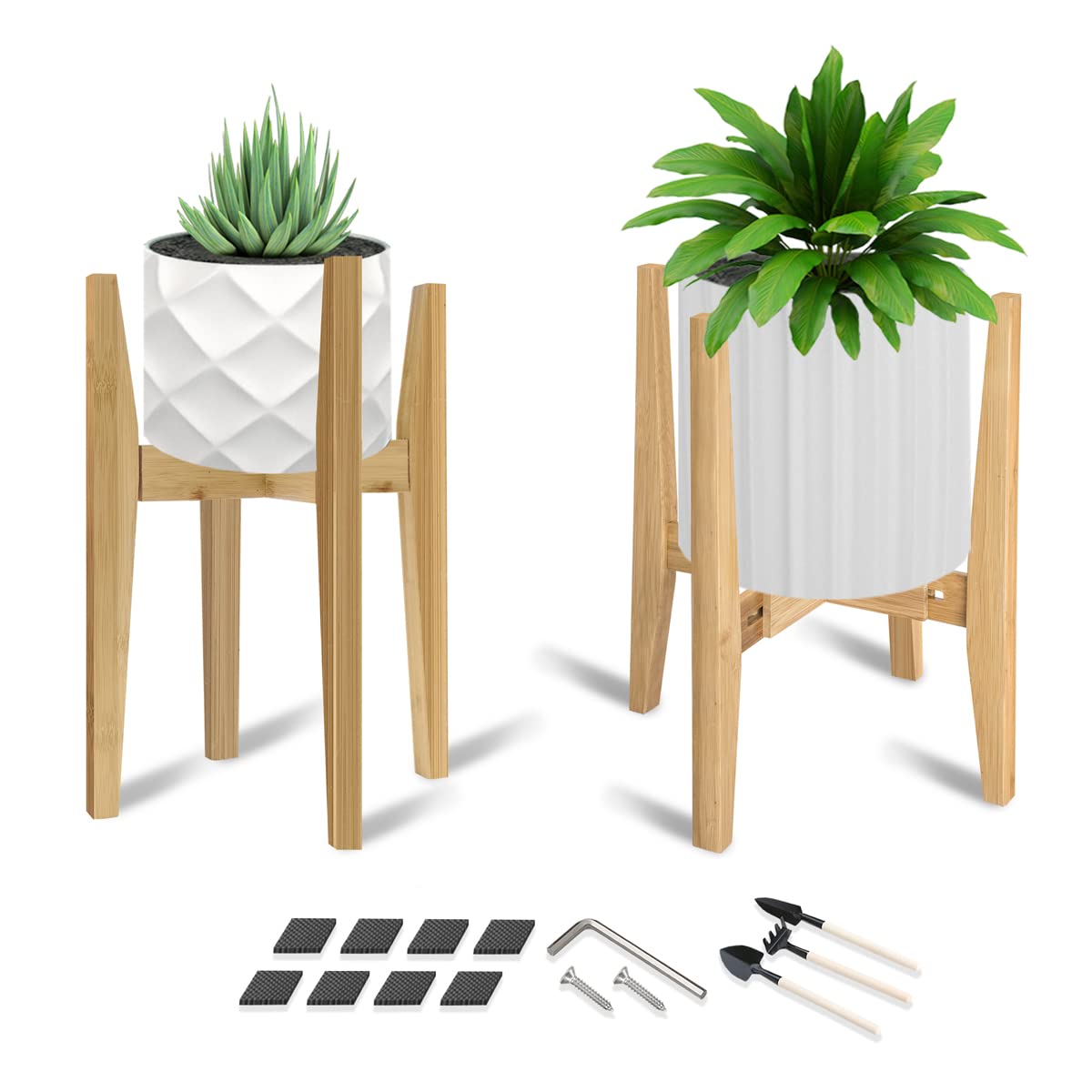 OERGKE 2 PACK Adjustable Plant Stand Indoor, Bamboo Mid Century Modern Plants Stands, Corner Flower Holder for Living Room, Fits 8 to 12 Inches Pots, (Pot & Plant Not Included)(Nature)