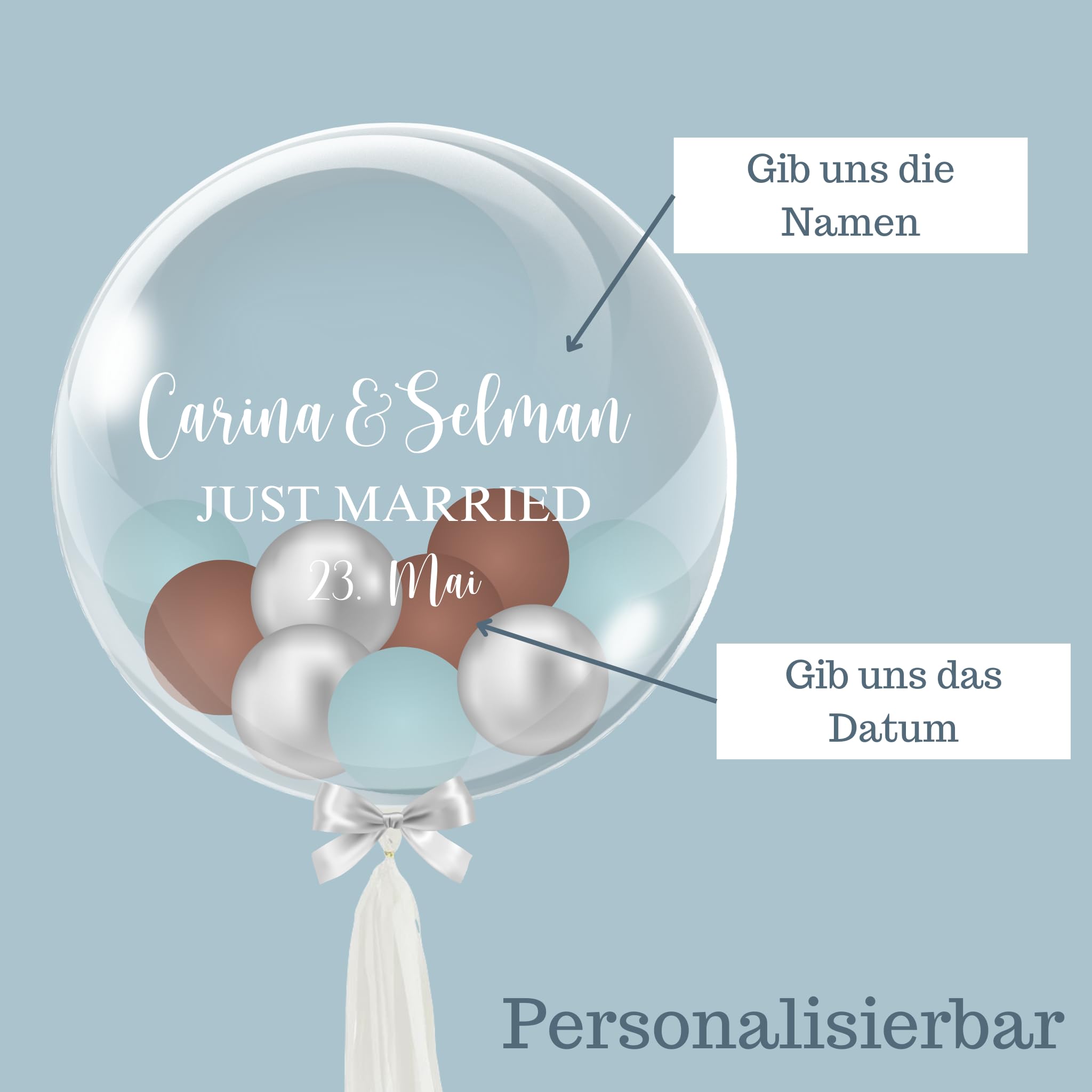 Just Married - Bubble Fabrik - Personalisiertes Ballongeschenk: Durchsichtiger Heliumballon mit Bunten Ballons, Geschenk zur Hochzeit, Hochzeitsmitbringsel