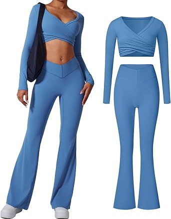 Workout Outfits for Women 2 Piece Long Sleeve Crop Tops High Waist Flare Leggings Casual Yoga Sweatsuits