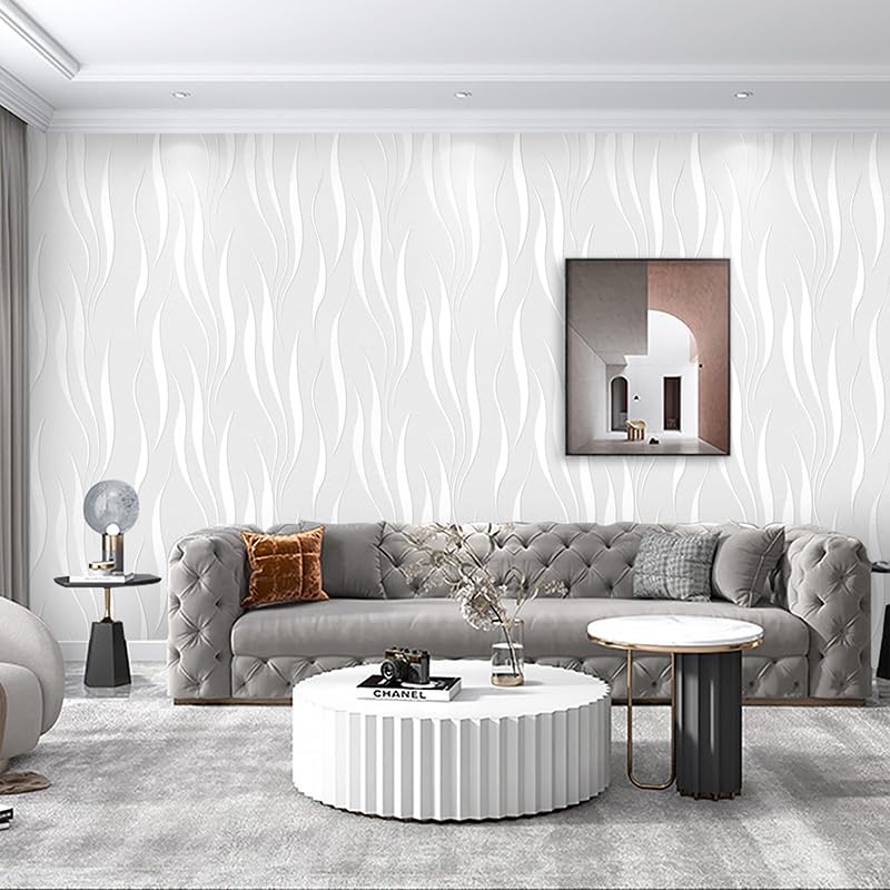 Tarwanear Cream Non-Woven Wallpaper Textured 3D Flocking Embossed Wallpapers 53cm x 9.5m Wave Stripes Wall Paper Roll for Bedroom Adults Teenager Living Room Lounge Hallway Hall — image 1
