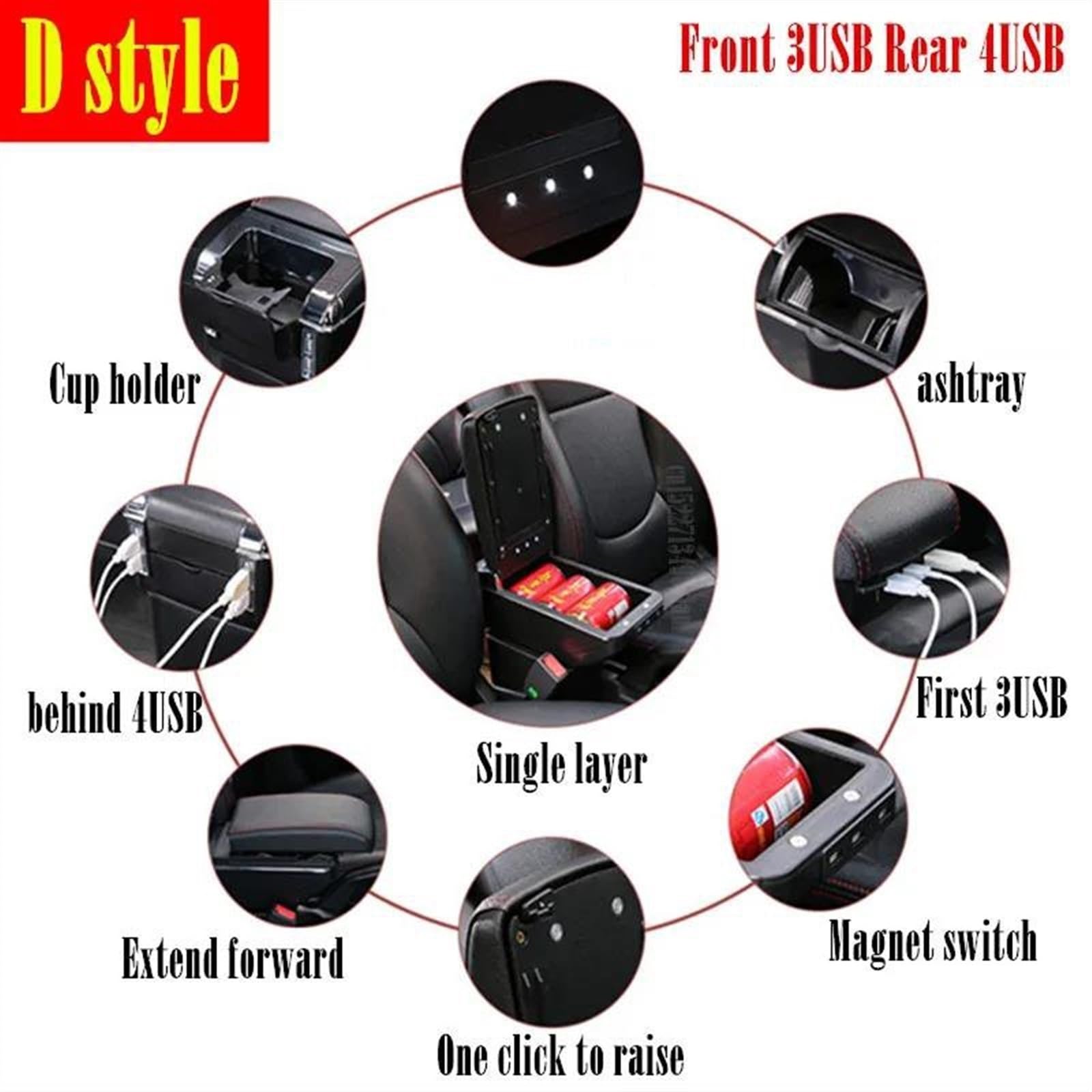 Accoudoir de Voiture Boîte De Rangement D'accoudoir De Voiture, Boîte De Rangement Intérieure Dédiée Aux Pièces De Rénovation, Accessoires De Voiture pour Citroën C2 C3(D2 Black Line 7USB)