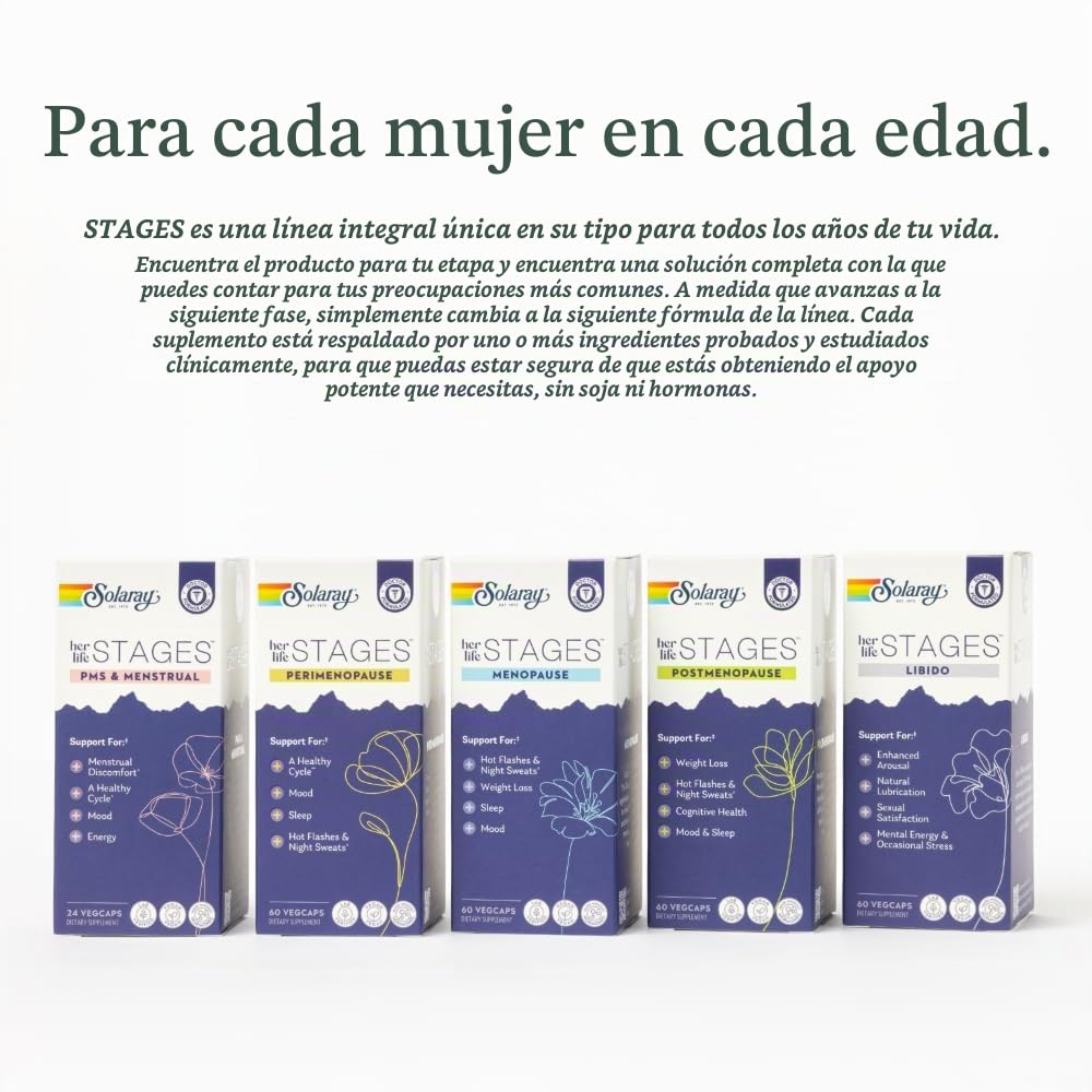 Solaray Perimenopause her Life Stages - Suplementos para la perimenopausia para mujeres, sofocos, apoyo para la menopausia, hecho sin hormonas, 60 cápsulas vegetales' | Perimenopausia, sofocos y apoyo para dormir, azafrán, bayas de casteberry y maca, 30 p
