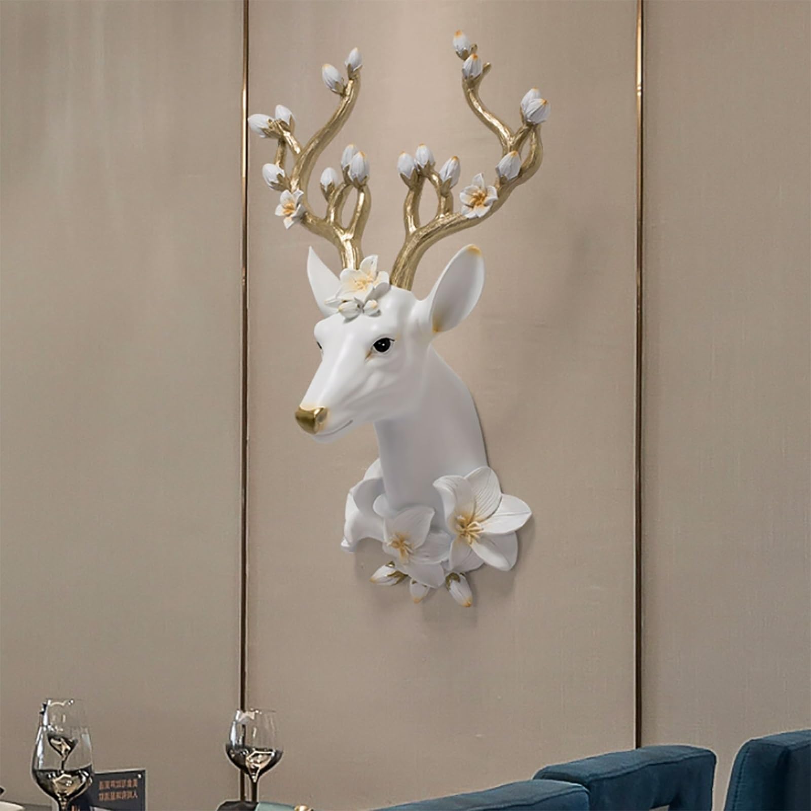 Decorazione da Parete Testa di Cervo, Testa di Cervo Artificiale da Appendere, Grande Scultura con Corna, Decorazione Murale Finta Tassidermia, Arte Moderna Animale in Resina(1)