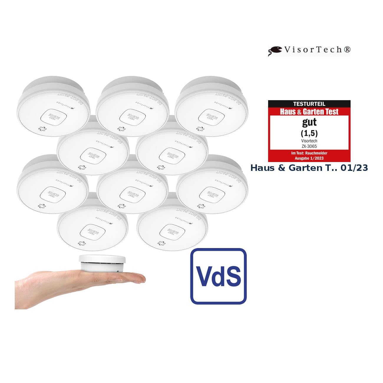VisorTech Rauchmelder: 10er-Set fotoelektrische Rauchwarnmelder, 10-J.-Batterie, 85 dB, VDs (Rauchmelder mit Jahres Batterie, Rauchwarnmelder Jahre, Feuer)