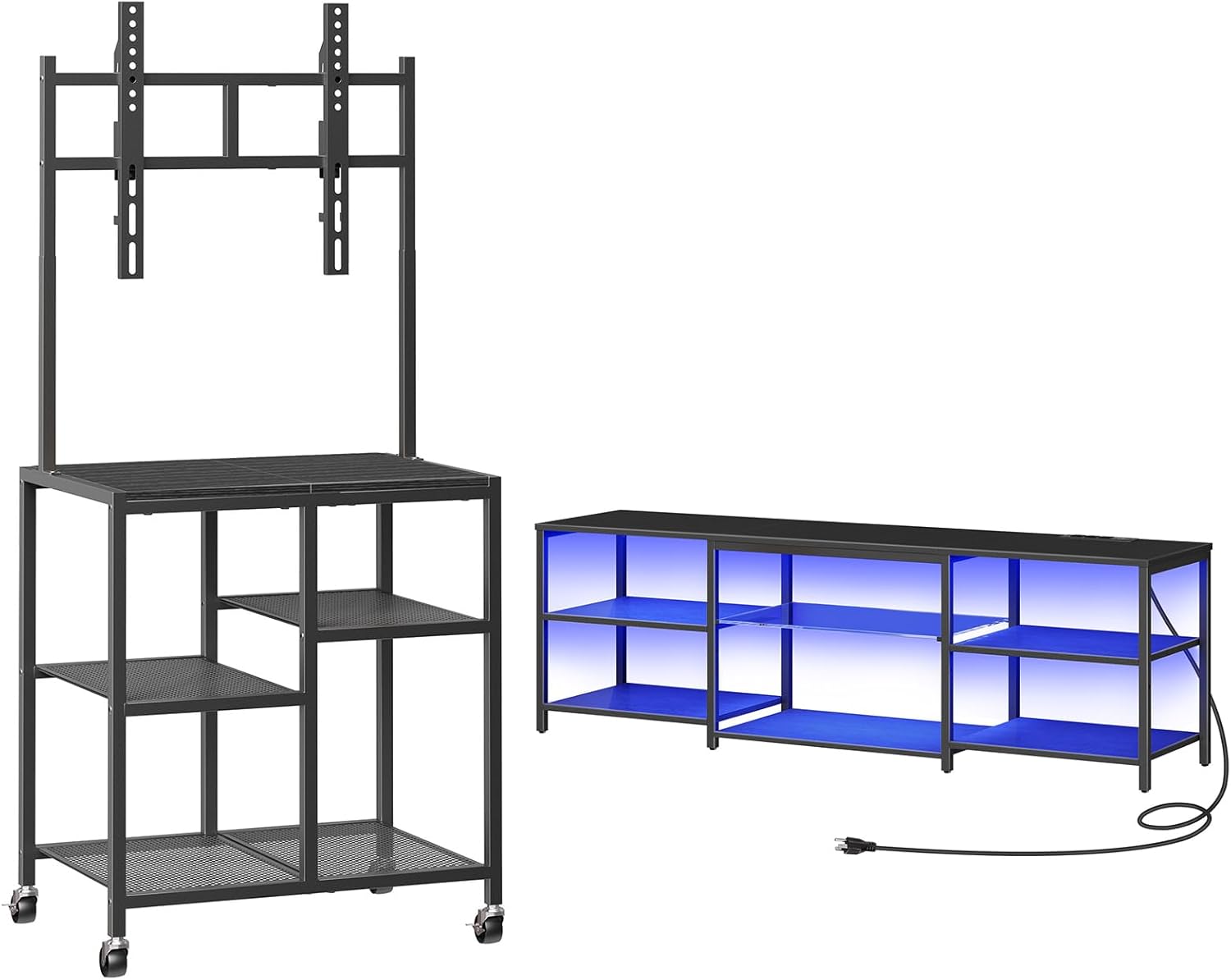 HOOBRO LED TV Stand and Rolling TV Stand Bundle, Center with 3-Tier Open Storage, Entertainment Center for Small Space, Living Room, Bedroom, Study, BB21UDDS01-BB37DS01