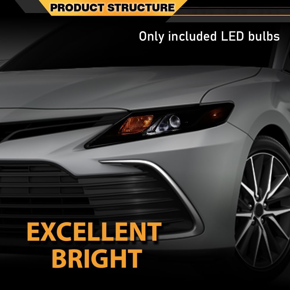 ANDPLAY Projector Headlight Assembly Headlamp w/Bulb Left Driver Side Compatible with Toyota Camry LE SE 2018-2022 Clear Lens Black Housing Amber Reflector TO2502255 81150-06C40 8115006C40