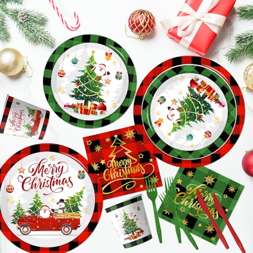Christmas Paper Plates and Napkins,Red Green Buffalo Plaid Christmas Paper Dinnerware Xmas Tree Santa Claus Plates and Napkin Cups for Winter Themed Xmas Holiday Supplies – Image 5