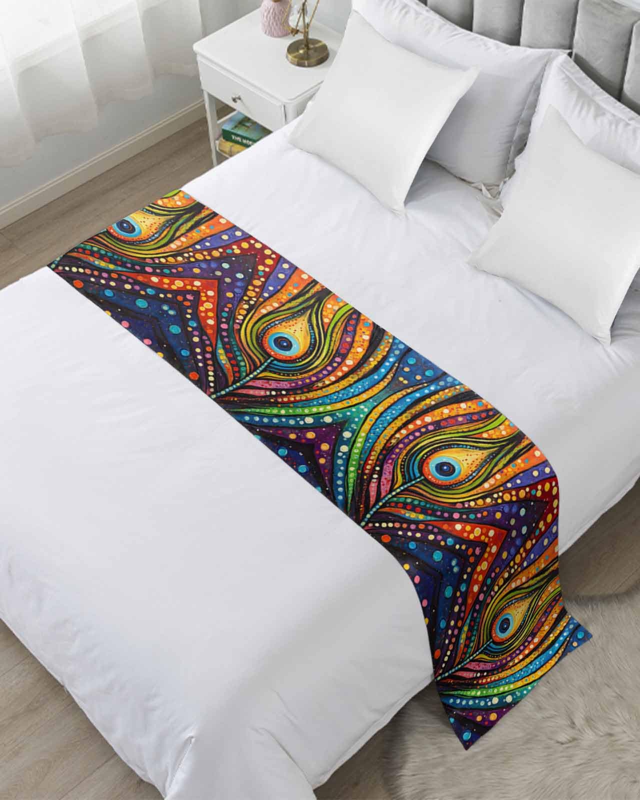 Full Bed Runner Peacock Feather Colorful Stripe Bedding Runner Scarves Decorative Bed Scarf, Abstract Art Soft Bed Runners for Bedroom Hotel Wedding 83x20in