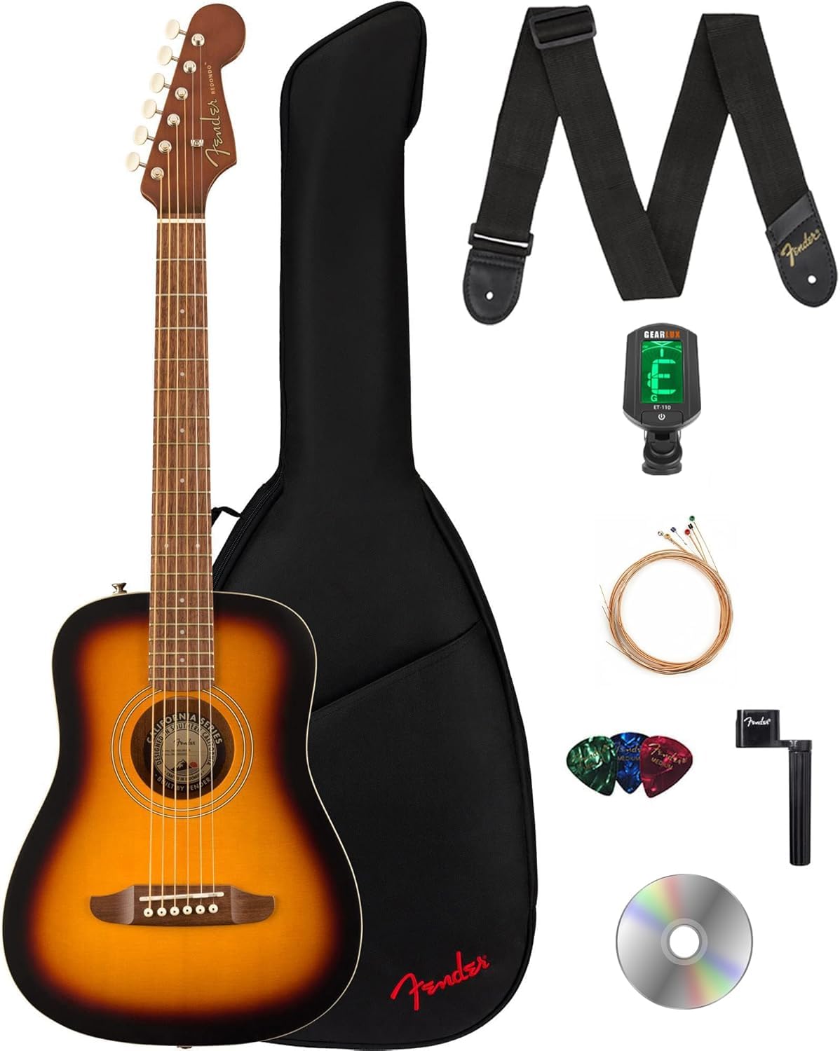 Fender Redondo Mini 3/4-Size Kids Acoustic Guitar - Sunburst Bundle with Gig Bag, Strap, Tuner, Strings, String Winder, Picks, and Austin Bazaar Instructional DVD
