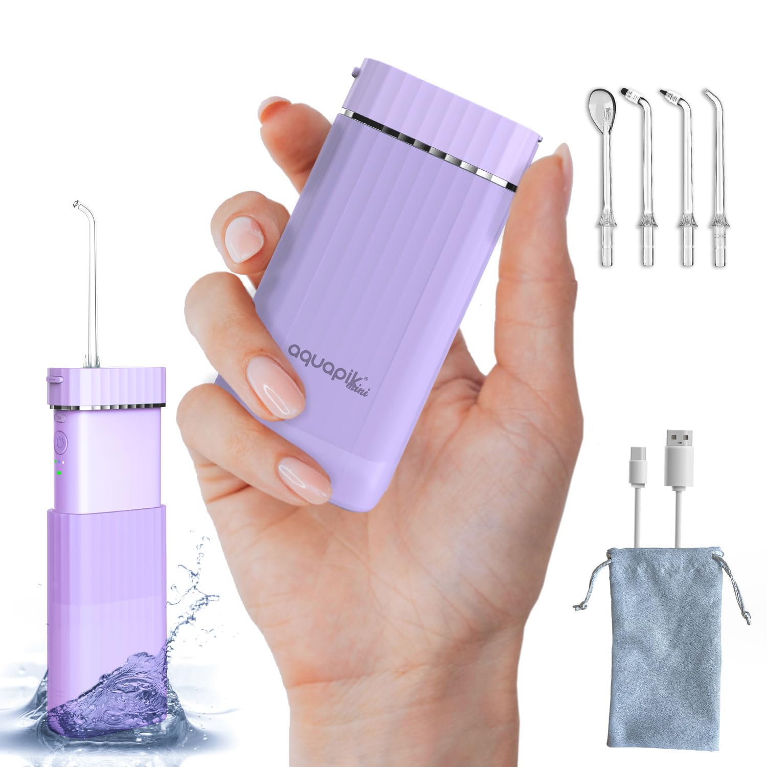 Idropulsore dentale portatile AQmini - 3 modalità, 4 ugelli, serbatoio 200 ml, USB-C, IPX7, compatto per viaggio, ufficio, gengive sensibili