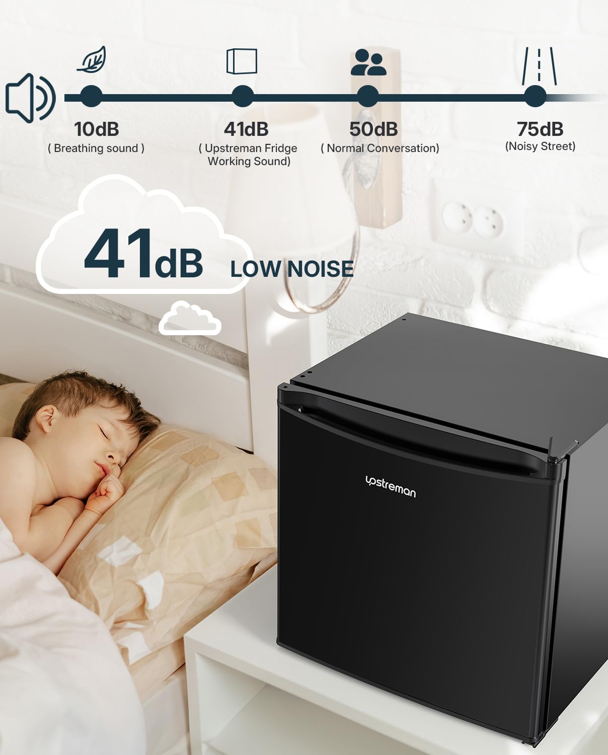 Upstreman Mini Fridge 46L, Table Top Fridge, Adjustable Thermostat, Energy Saving, Low Noise, Single Door Compact Refrigerator for Dorm, Compact Wine&Beers Cooling, Black — view 5