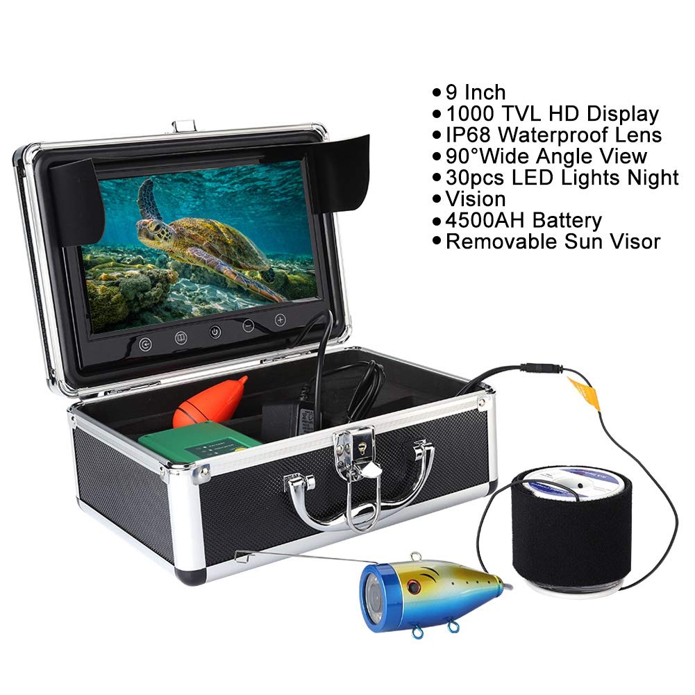 ASHATA Fischfinder Kamera, 50M Unterwasser HD 1000TVL Fischereikamera Unterwasserfischerei Kamera,wasserdichte Hochintensive 30 LEDs Kamera Fisch Finder mit 9 Zoll TFT Farbdisplay EU
