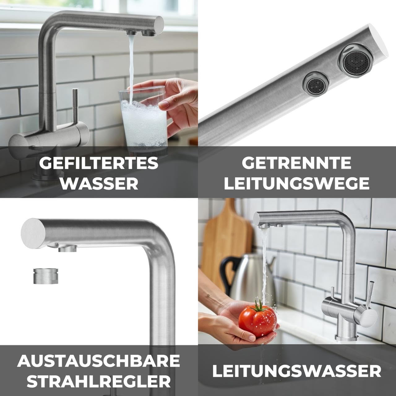 AORA® | LOUIS INOX 3-drożny kran ze stali nierdzewnej | armatura kuchenna obracana o 360° z masywnej stali nierdzewnej 304 | armatura zlewozmywakowa do filtrów wody, instalacji osmotycznych | kran filtra wody