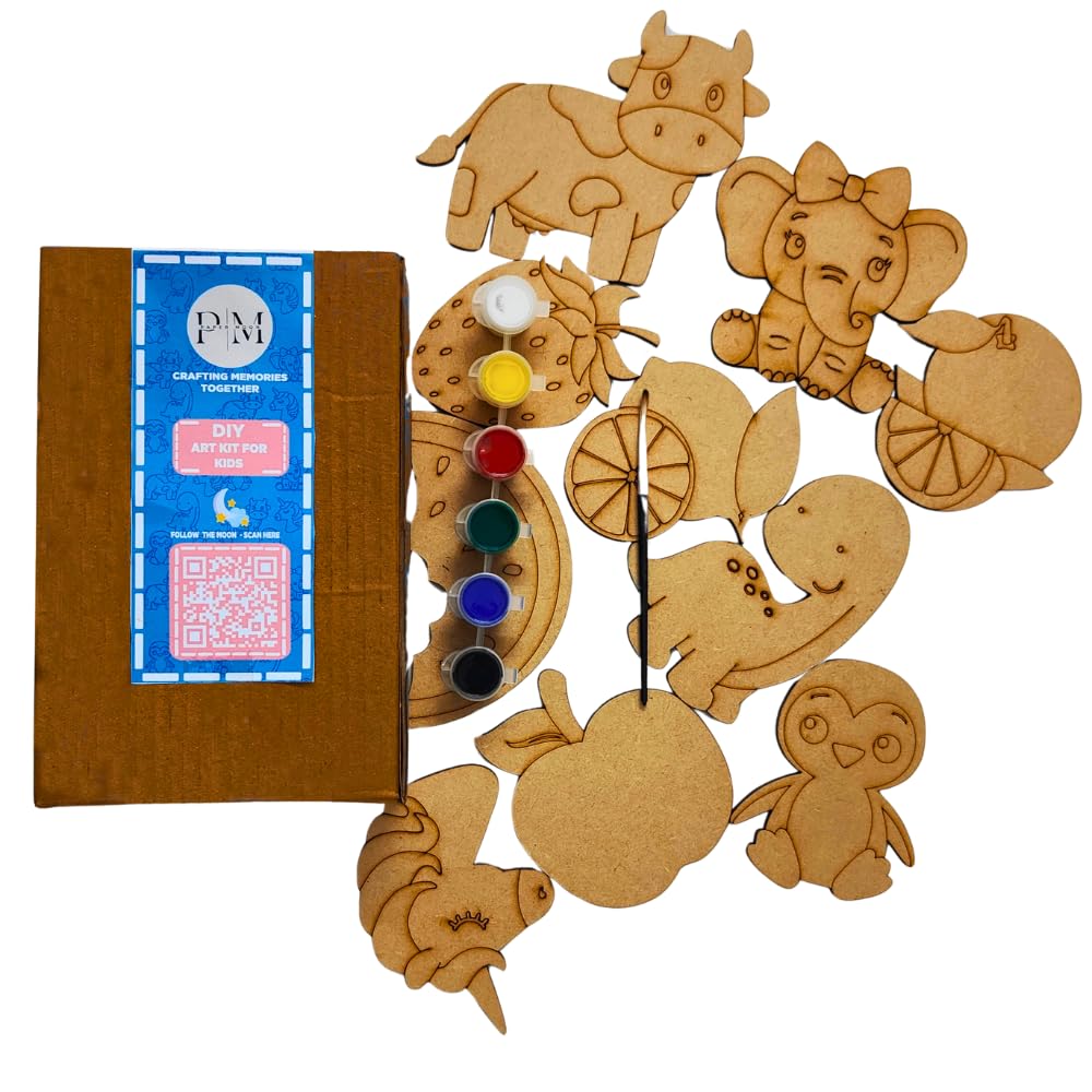 Paper Moon DIY MDF Cutouts Kits for Kids – Wooden Fruits & Animals Painting Craft Combo | Perfect Home Schooling Activity & Coloring Kit |MDF Products for Kids Art Work (Big Size, Set of 10 Pieces)