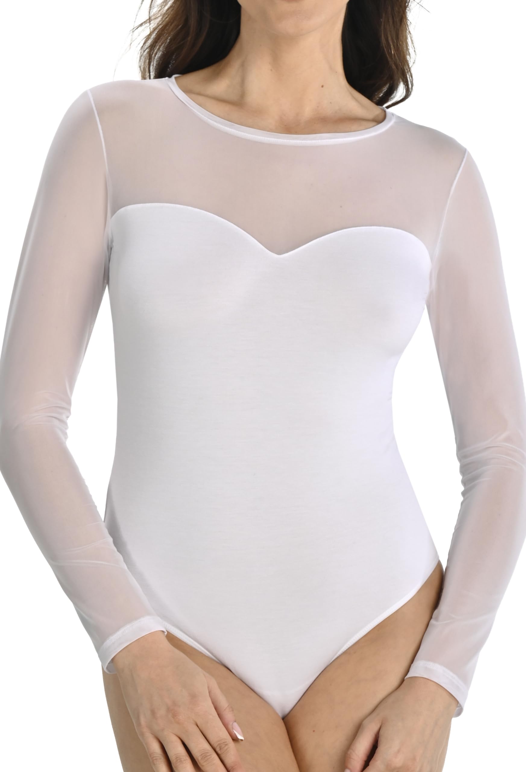 Teyli – Body manches longues avec insert en résille, confectionné en maille extensible pour un ajustement parfait et une silhouette mise en valeur.