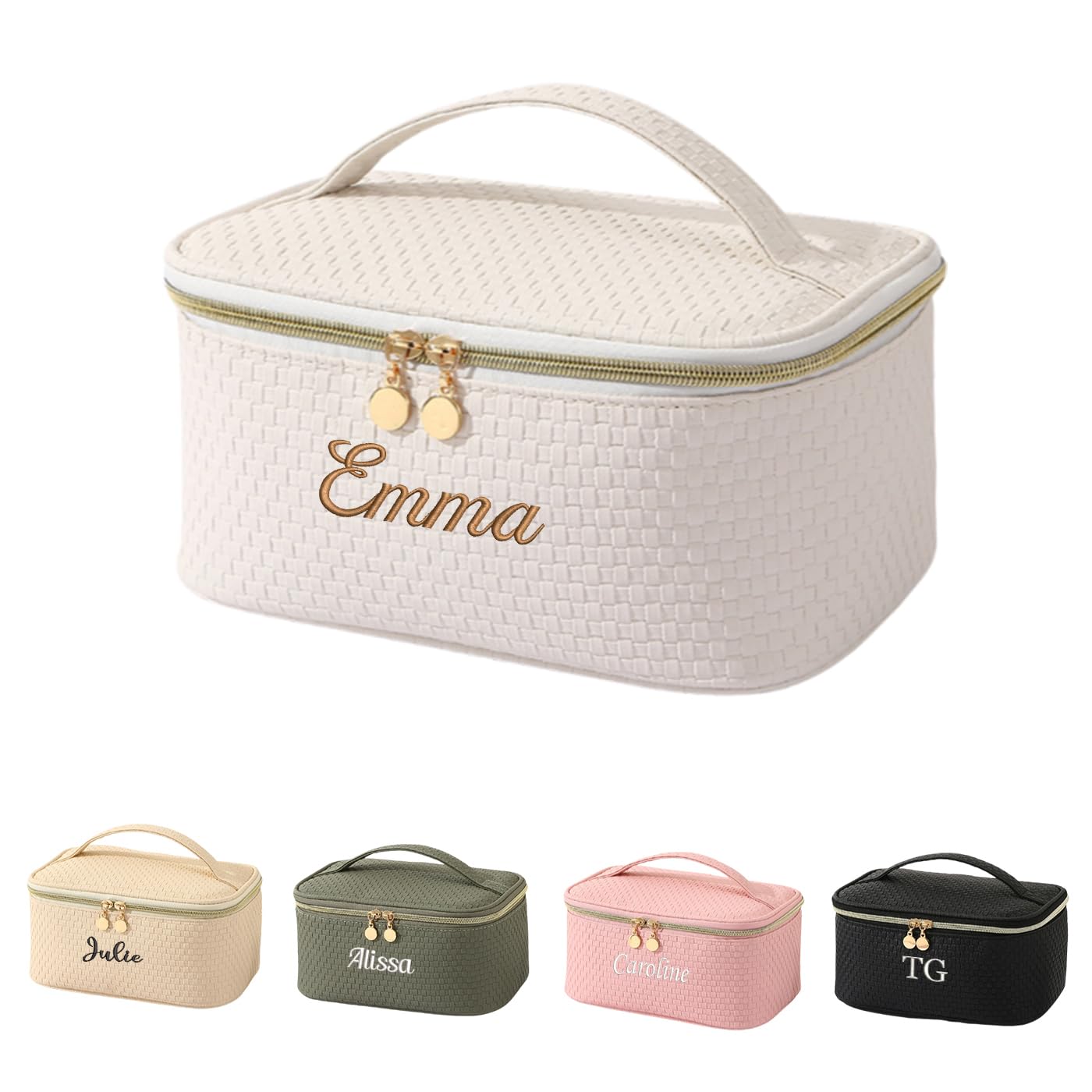 GOPHIE Personalized Embroidery Large Travel Makeup Bag - PU Leather Cosmetic Organizer Case for Women,Waterproof Makeup Pouch