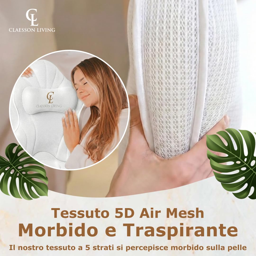 Cuscino Vasca da Bagno per Tutto il Corpo (126x41cm) – Cuscino Bagno con ventose e Poggiatesta (13cm); Supporta Collo, Schiena e Gambe – Incl. borse Lavaggio/Viaggio e Gancio Asciugatura – Bianco
