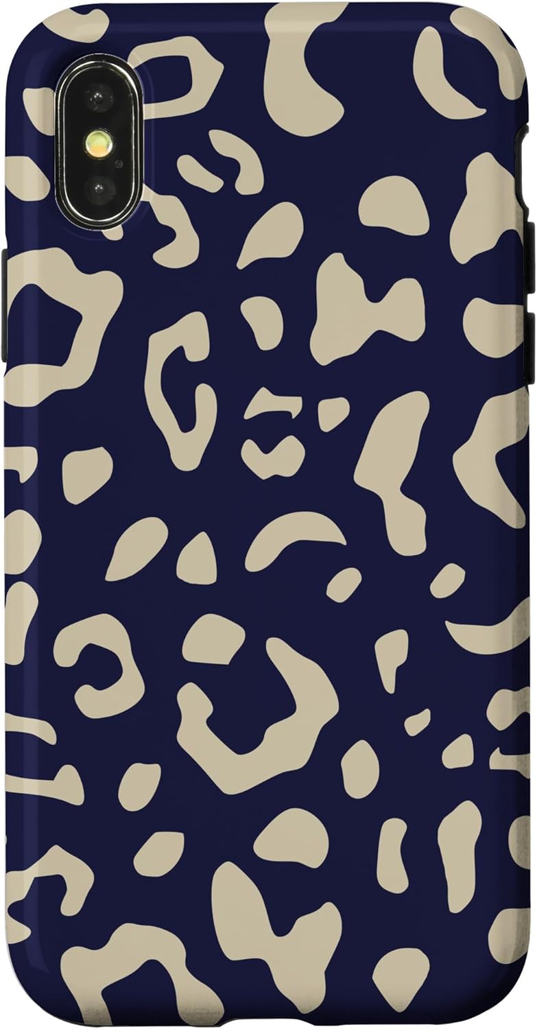 iPhone XR Beige Navy Blue Leopard Print Case