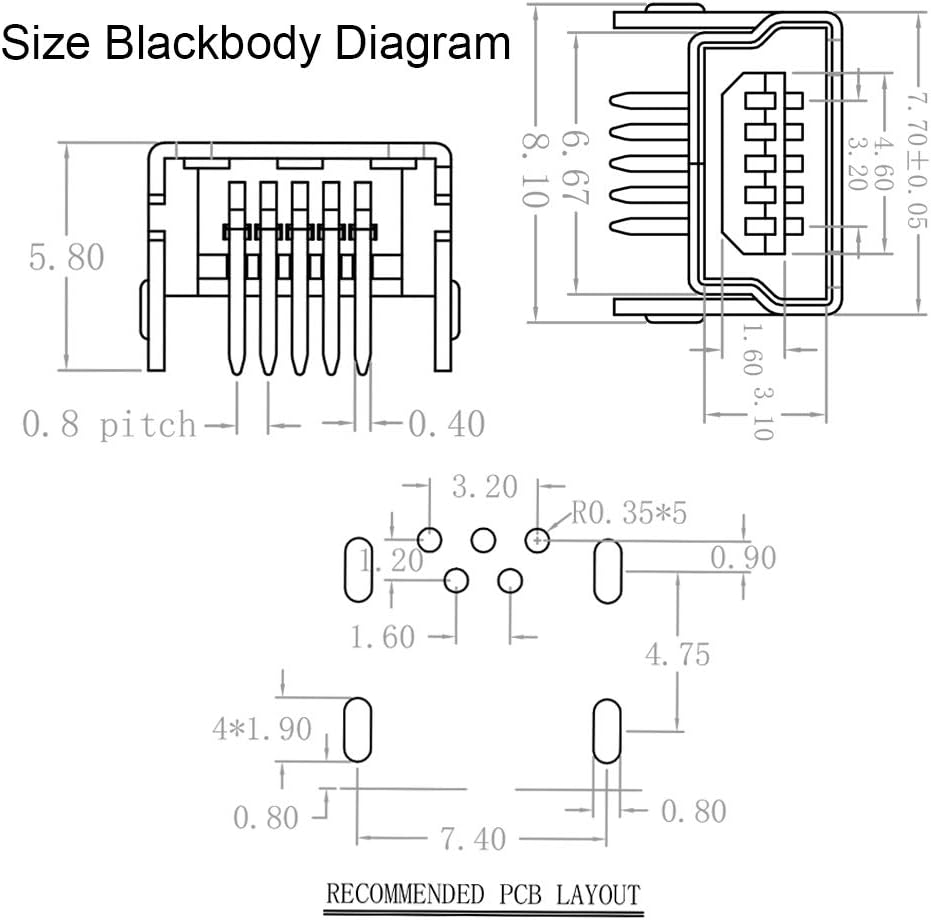 Mini USB Type B Female Socket, 10 Pcs 5-Pin Right Angle Dip Jack Connector by MUZHI