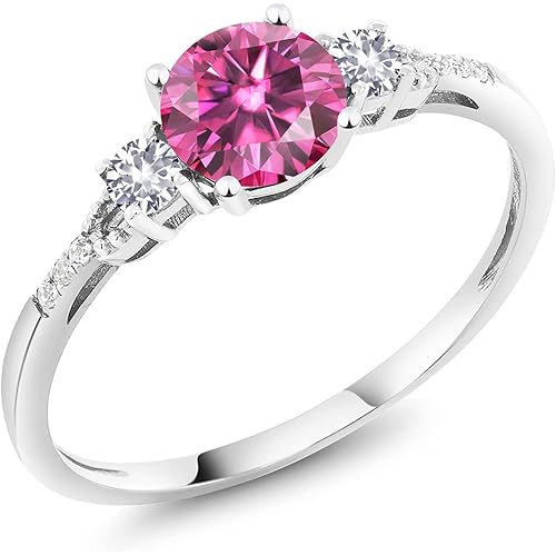 Gem Stone King 10K White Gold 6MM Round Gemstone Birthstone White Created Sapphire & White Diamond Accent 3-Stone Engagement Ring | Three-Stone Wedding Anniversary Promise Ring For Women