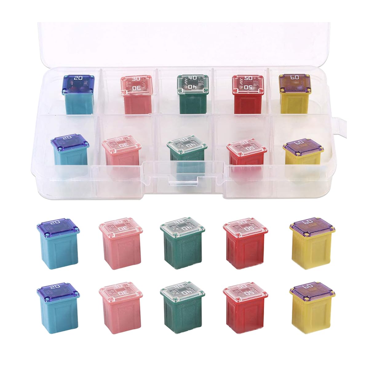 CGEAMDY 10 Pieces Car Fuses Assortment Kit, Block Fuse 20A 30A 40A 50A 60A, Tall/Standard and Low Profile Box Shaped Automotive Fuses, Automotive Combination Low and Tall Box Shaped Fuse Kit For Car