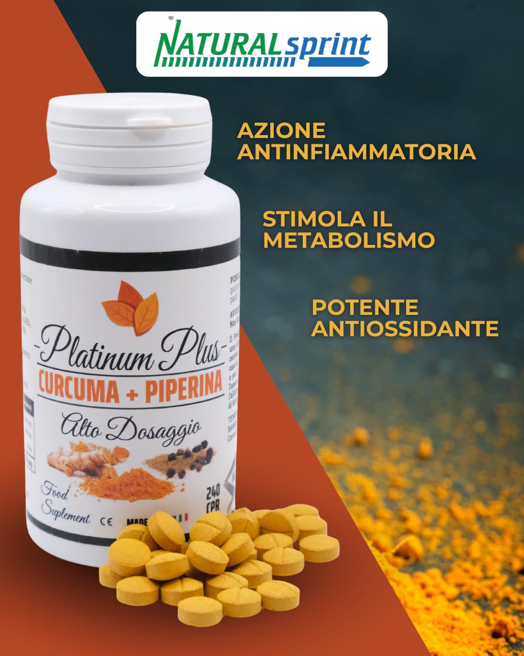 Curcuma + Piperina Platinum Plus - Curcumina Titolata ad Alto Dosaggio – 240 Compresse Naturali Made in Italy per il benessere quotidiano