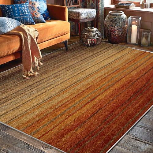 Stripes Area Rug, Modern Contemporary Gradient Horizontal Fall Orange Low Pile Home Indoor Pattern...