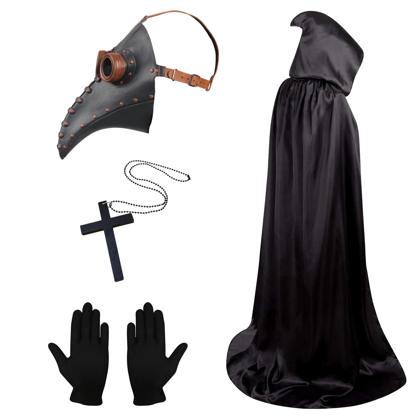 Lifreer Plague Doctor Mask, Plague Doctor Costume, Gothic Steampunk Bird Beak Mask with Black Hooded Cloak Gloves Cross Necklace, Adult Halloween Costumes for Men Women Masquerade Cosplay Props