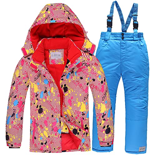 LCIGIA Skianzug Mädchen Skijacke Kinder 2tlg Schneeanzug Jungen Wasserdichte Windjacke Mit Abnehmbarer Kapuze Jacke Mit Fleecefutter + Hosenträgerhose, Blau, 164 Cover