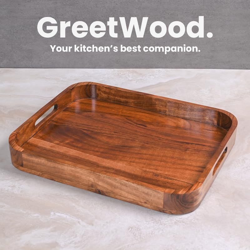Image of Wooden Serving Tray - 15 Inch Rectangular Wooden Tray for Coffee Table, Kitchen, Breakfast & Home Decor | Multipurpose Organizer & Gift (Flat Handle)