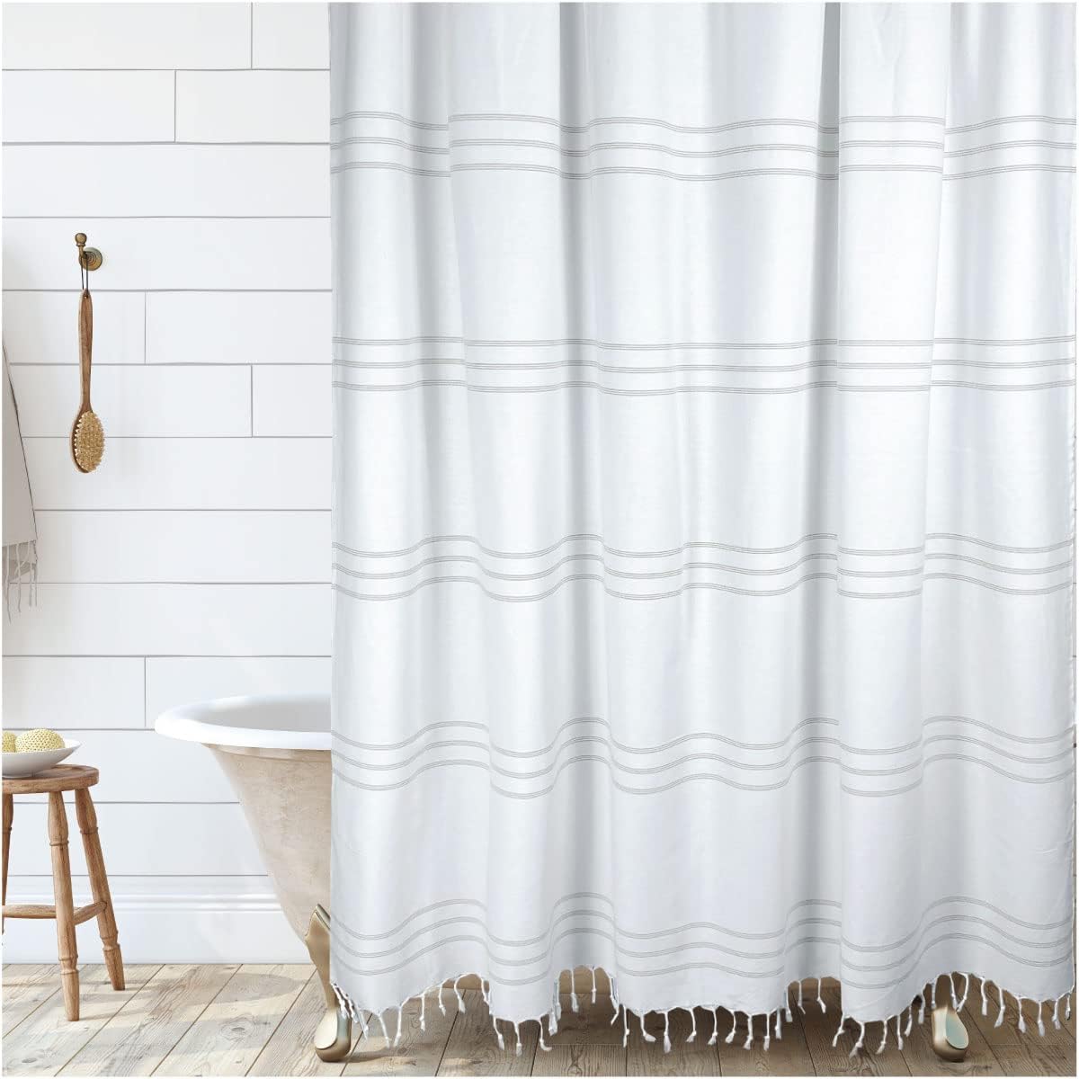 HALL & PERRY Modern Farmhouse Tassel Shower Curtain 100 Cotton Striped Fabric