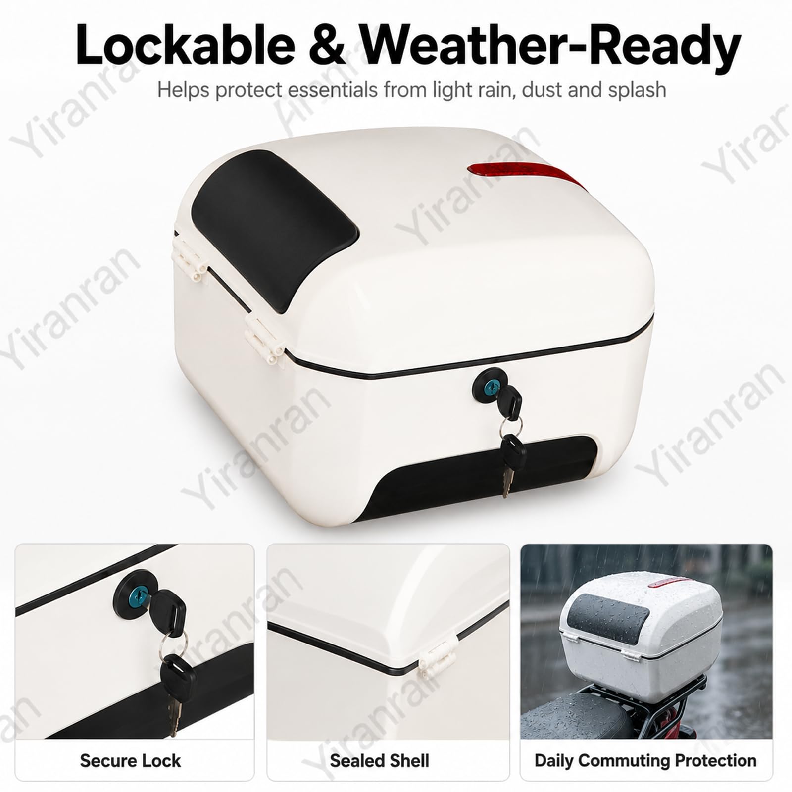 Top Case Universel pour Moto Et Scooter, Coffre Arrière Verrouillable en Abs Rigide, Résistant À Leau Et Doté Dune Bande Réfléchissante, Compatible avec Vélos Électriques White