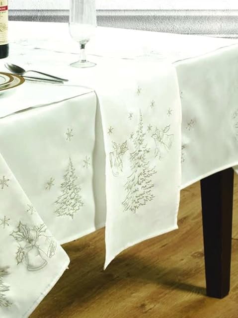 14"x70" Festive White / Silver Table Runner, Special Occasions By Kitchenwise, Pack Of 1, Christmas Party Special Events, Embroidered Fir Tree Bells Holly Leaf Snow Flake White Silver Grey Detailing