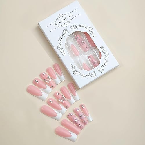 Miniatura 3 de MISUD Uñas postizas largas cuadradas a presión, uñas postizas mate con pegamento, uñas acrílicas de flores rosas, uñas cuadradas blancas con punta