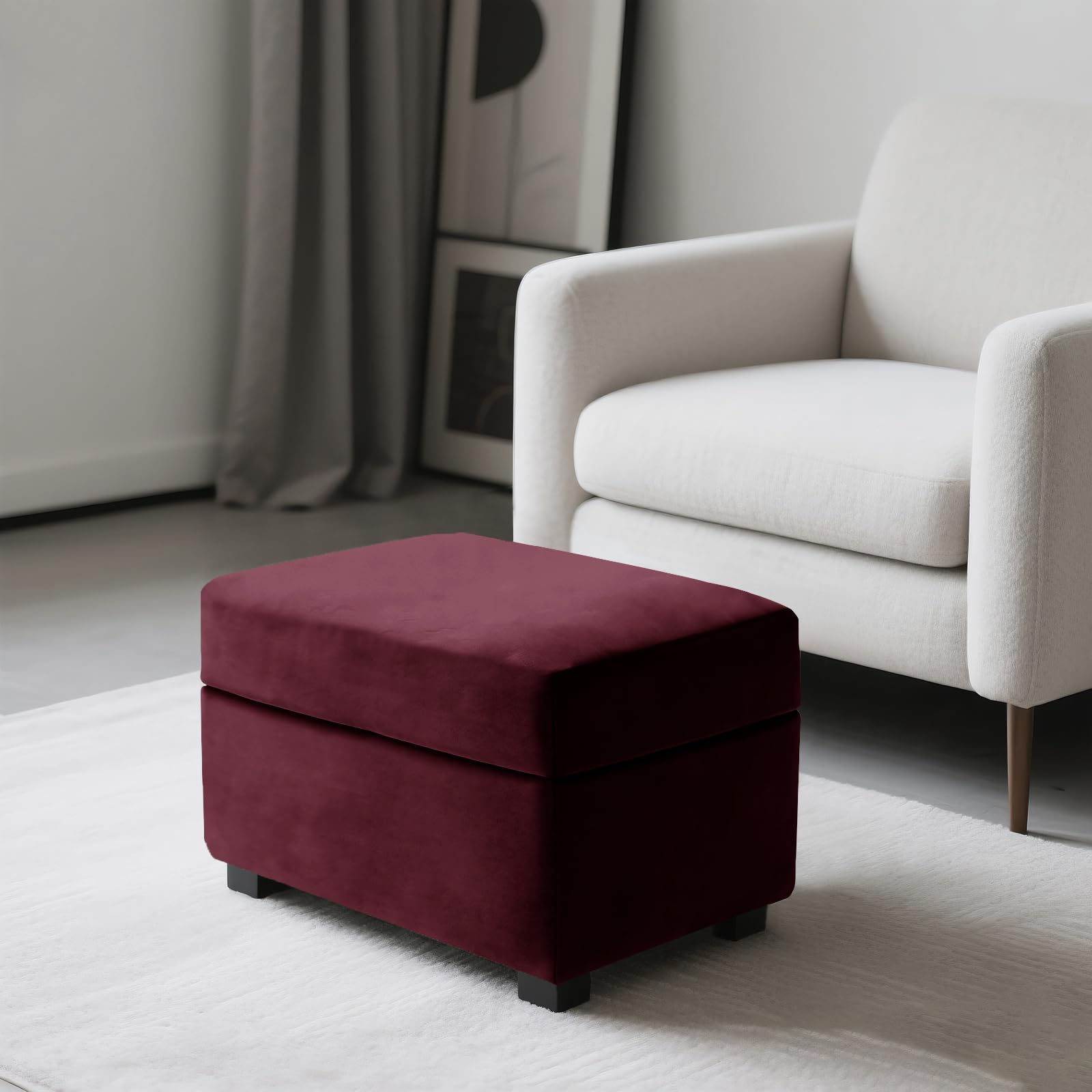SYLC Ottoman Cover Stretch Velvet, Footstool Cover and Pouffe Cover Non-slip with Elastic Bottom/ties, Slipcover for Folding Storage Poofy Foot Stool (Wine red,Rectangular Ottoman+Seat)