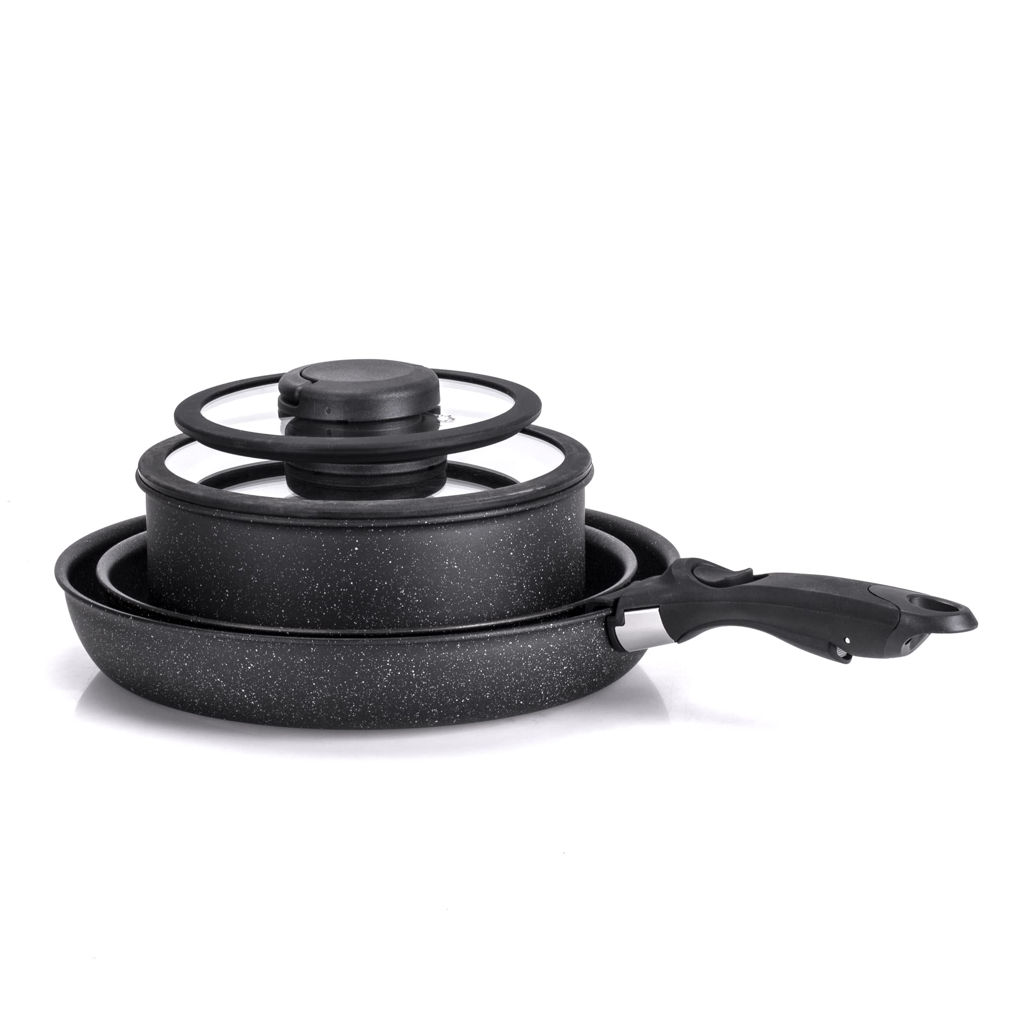 MONETA Batteria Etnea 6 Pezzi con Manico Removibile - Set Pentole e Padelle Antiaderenti in Alluminio Forgiato, Compatibile con Tutti i Piani Cottura Eccetto Induzione - Made in Italy