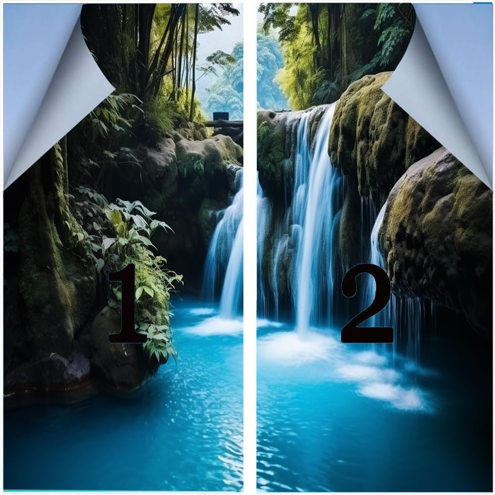 Rustic Waterfall Window Film Heat Blocking Summer Natural Pond Modern Plants Privacy Window Decor Glass Door Covering Self-Adhesive Window Film for Bathroom Kitchen 31.5Wx47.2L-inch x2 Pcs