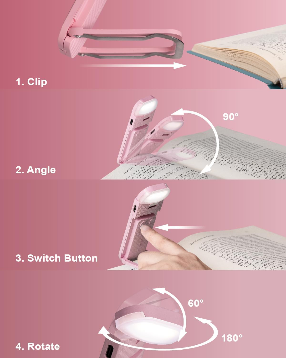 HEMONNKAM Luz de lectura de libro, recargable con clip, 3 temperaturas de color y 5 niveles de brillo, uso nocturno para cama, larga duración, lectura por la noche en la cama, rosa