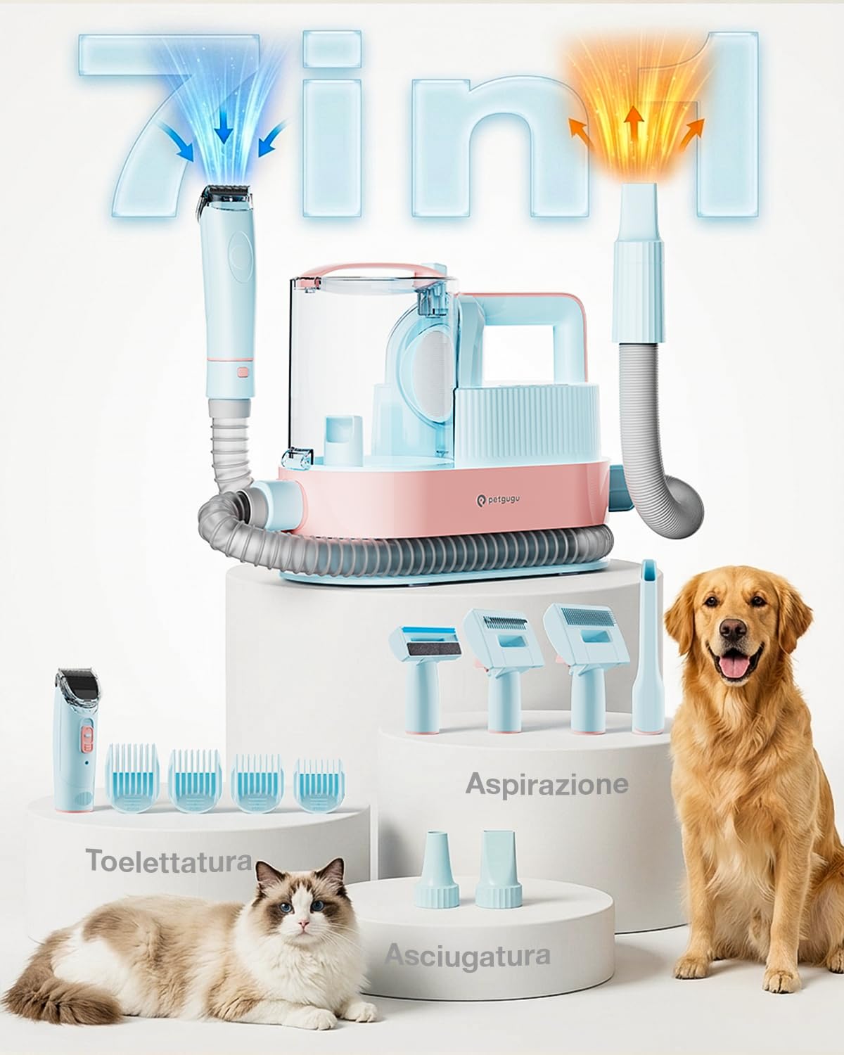 PETGUGU Tosatrice per Cani e Gatti con Aspirazione, Kit Toelettatura 7-in-1, 11000Pa, Contenitore 2,5L, Silenzioso ≤62dB, Funzione Asciugatura 45–55°C, 3 Livelli, M1 Pro
