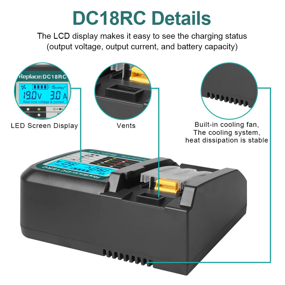 Powarobor DC18RC 14,4V-18V Caricabatteria rapido compatibile con Makita Li-ion batteria BL1830 Ｂ1850ＢL1850 BL1860B BL1830B BL1430 BL1450 caricabatterie 3A Con display LCD DC18RA