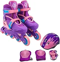 Patins Infantil Ajustável com Kit de Proteção, Capacete e Joelheiras, Rosa e Preto, Conjunto Completo para Iniciantes