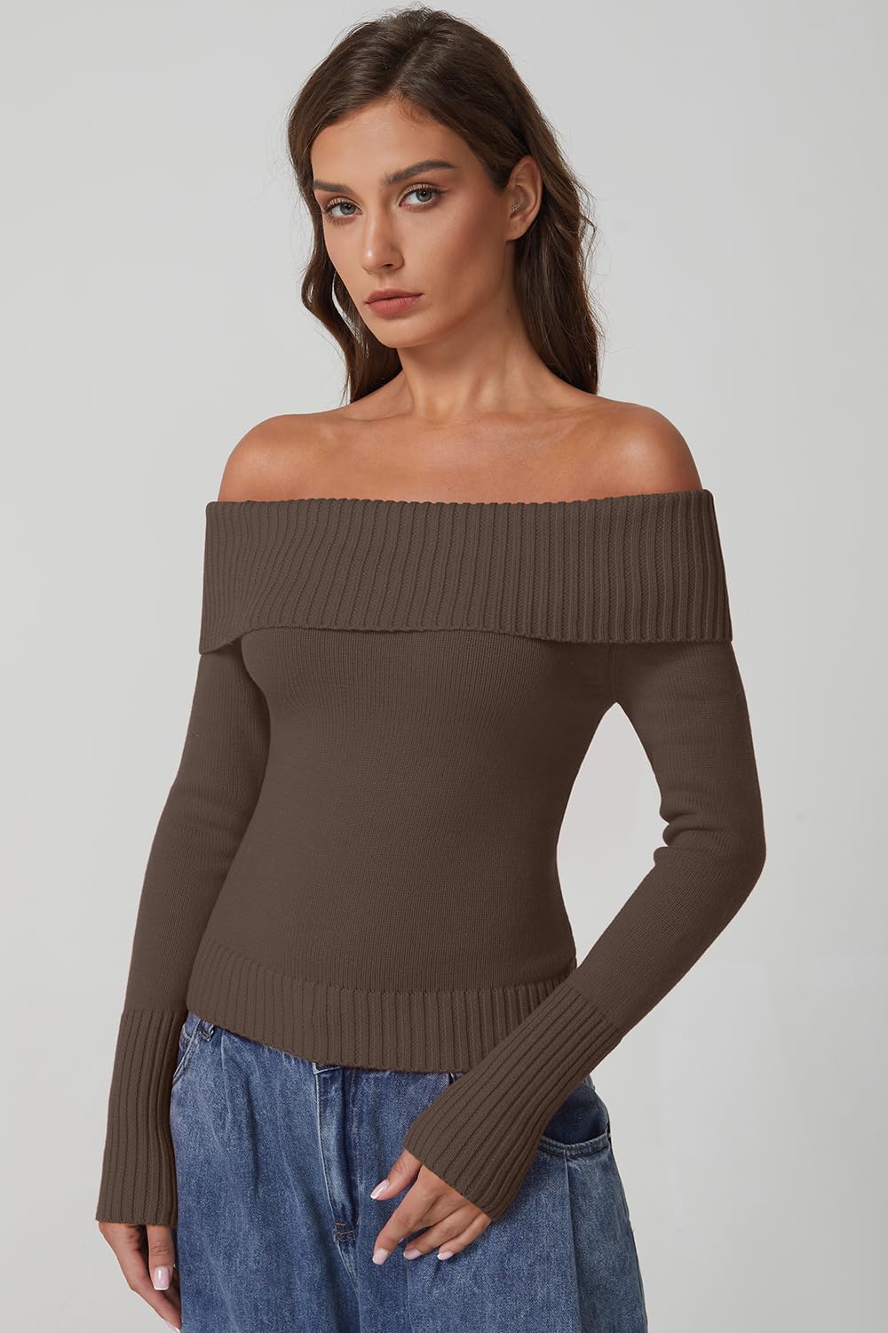 QINSEN Cotton Off The Shoulder Sweater for Women Long Sleeve Ribbed Knit Pullover Sweater Slim Fit Going Out Tops - Image 4
