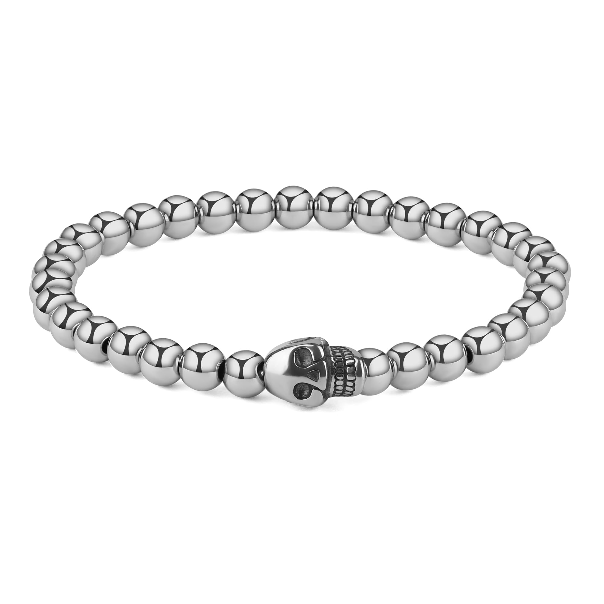 GAVU Bracciale Uomo Teschio Con Perline In Onice E Pietre Dure - 18cm, Regalo In Scatola