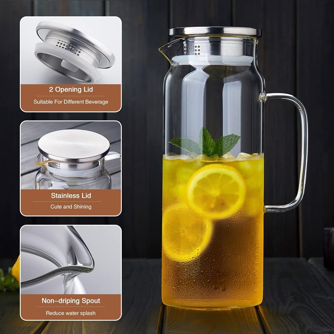 53OZ Glass Pitcher with Lid and Spout, Water Jug, 1580ml Carafe for Hot/Cold Water, Large Iced Tea Pitcher for Coffee, Juice and Homemade Beverage - Image 2