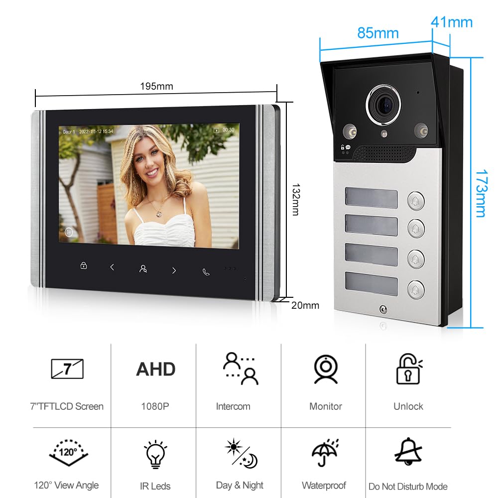Wifi Wireless Video Türsprechanlage,1080P Außenenkamera,7 Zoll Touchscreen Wireless Monitor,PIR Bewegungserkennung,Nachtsicht,Tuya APP Steuerung (4 Familienhaus)