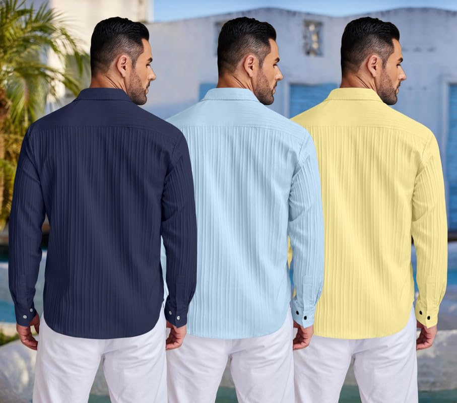 Image of FINIVO FASHION Combo of Men's Casual Cotton Plain Button Down Shirt Long Sleeve Textured Summer Beach Shirt for Men Pack of 3