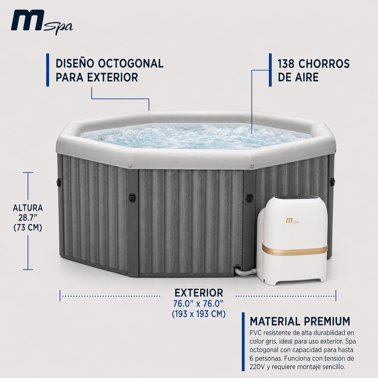 MSpa Tuscany SPA rígido Octogonal 4-6 Personas con hidromasaje Air Jet, calefacción, filtración Inteligente y desinfección UVC
