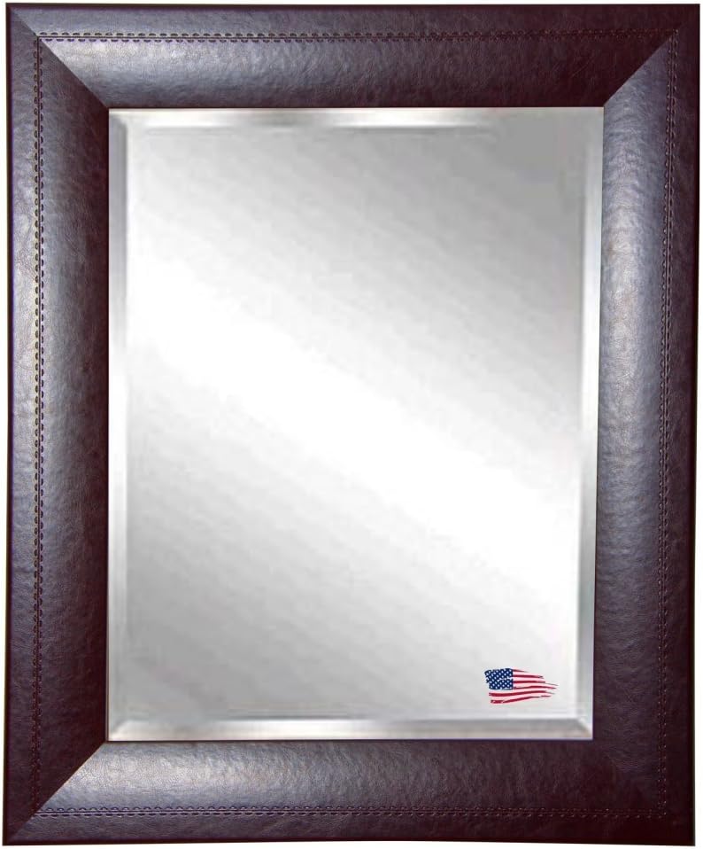 American Made Rayne Stitched Espresso Leather Beveled Wall Mirror, 23.75 x 35.75